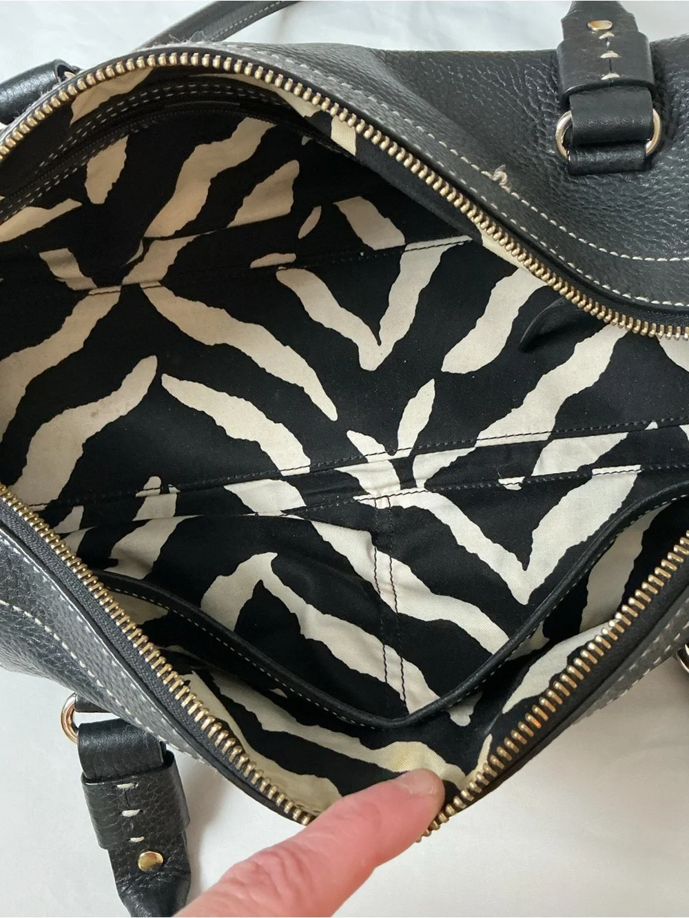 Vintage Kate Spade Black Pebbled Leather Satchel Zebra Lining Contrast Stitch